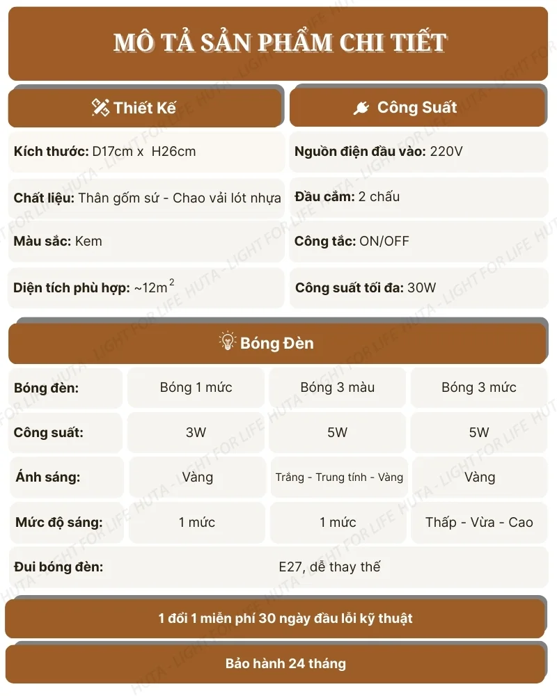 Thông số kỹ thuật chi tiết đèn ngủ để bàn decor khách sạn thân gốm sứ mã S1