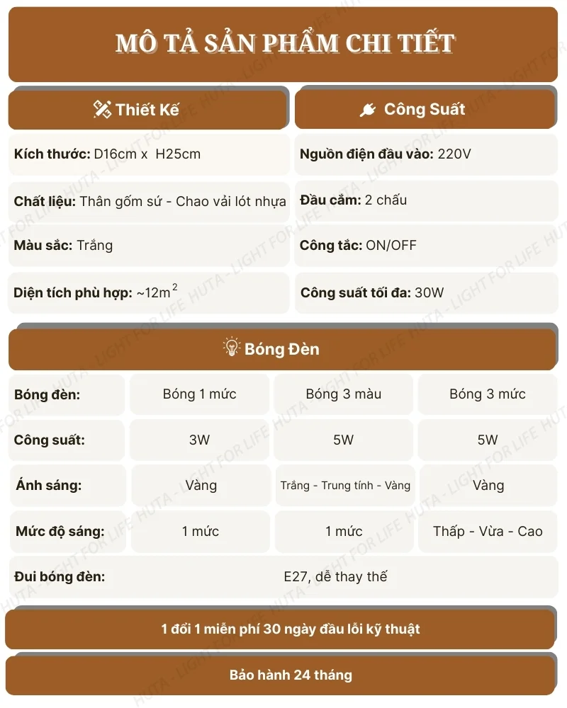 Thông số kỹ thuật chi tiết đèn ngủ để bàn decor khách sạn thân gốm sứ mã S2