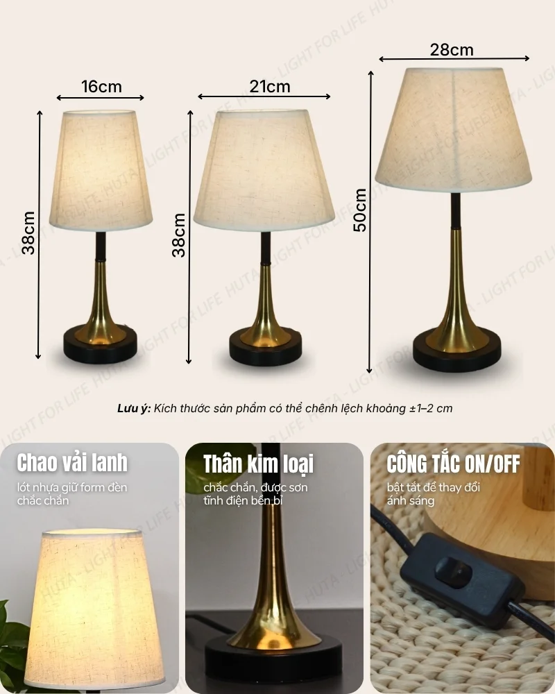 Thông số kỹ thuật chi tiết đèn ngủ để bàn thân kim loại mã T5