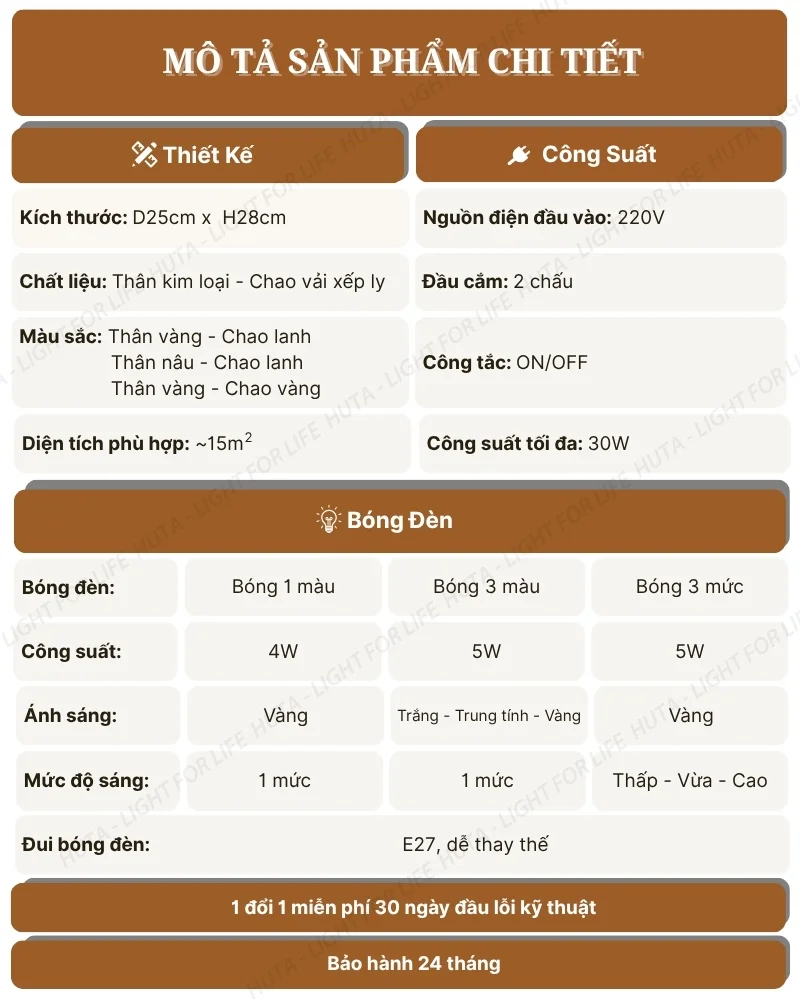 Thông số kỹ thuật chi tiết đèn ngủ để bàn thân kim loại mã T8