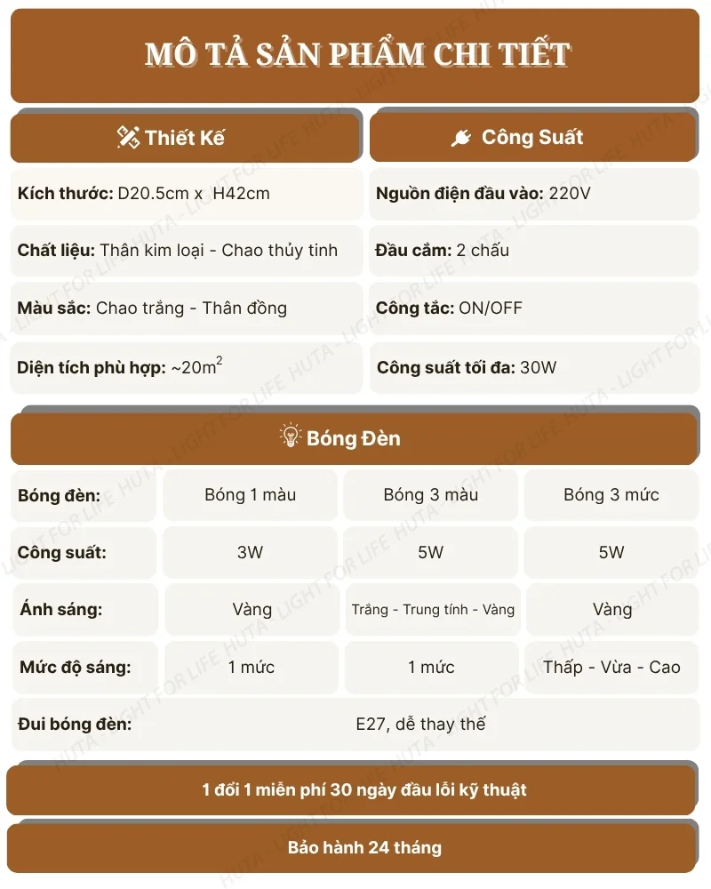 Thông số kỹ thuật chi tiết đèn ngủ để bàn thân kim loại mã CD2