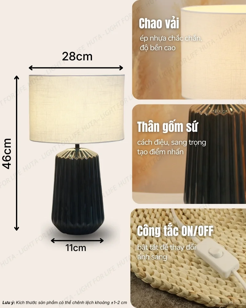 Thông số kỹ thuật chi tiết đèn ngủ để bàn khách sạn sang trọng thân gốm sứ mã S17