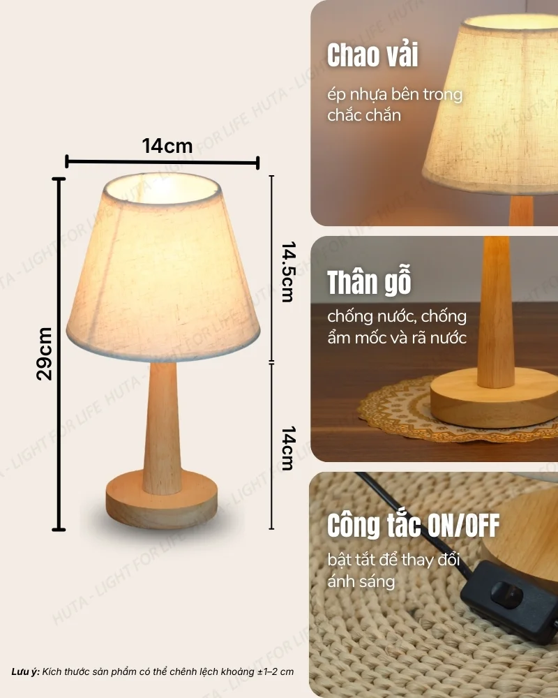 Thông số kỹ thuật chi tiết đèn bàn khách sạn, homestay thân gỗ mã G2