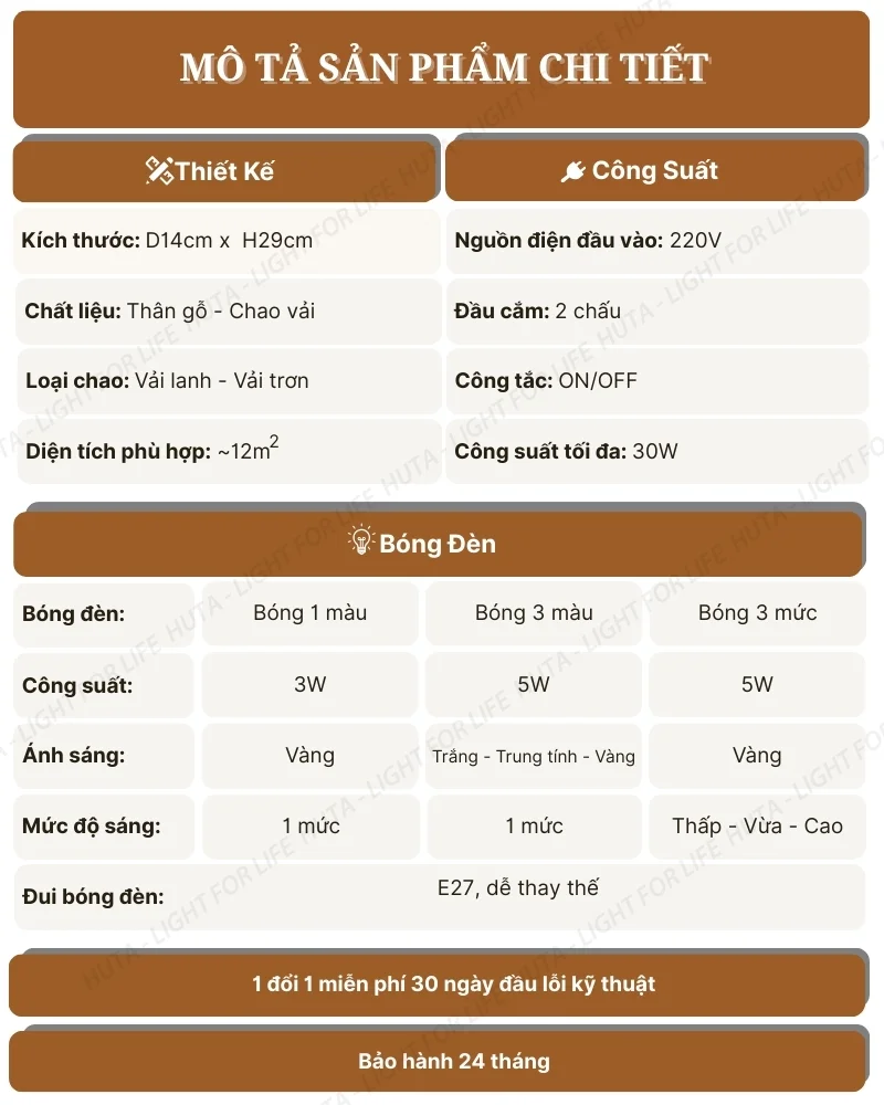 Thông số kỹ thuật chi tiết đèn bàn khách sạn, homestay thân gỗ mã G2