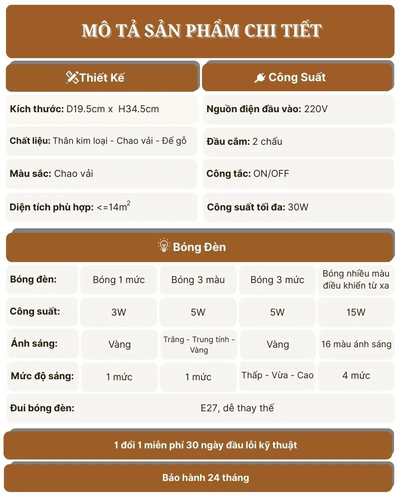 Thông số kỹ thuật chi tiết đèn bàn khách sạn, homestay thân gỗ mã G6