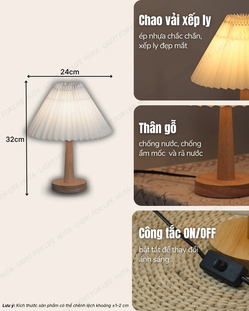Thông số kỹ thuật chi tiết đèn bàn khách sạn, homestay thân gỗ mã G5