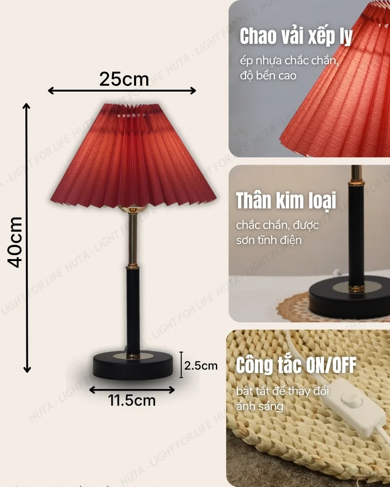 Thông số kỹ thuật chi tiết đèn ngủ để bàn thân kim loại mã T9