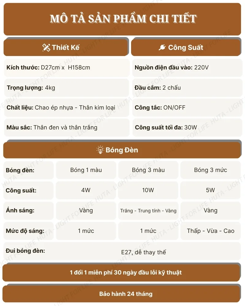 Thông số kỹ thuật chi tiết đèn cây đứng decor mã KT6