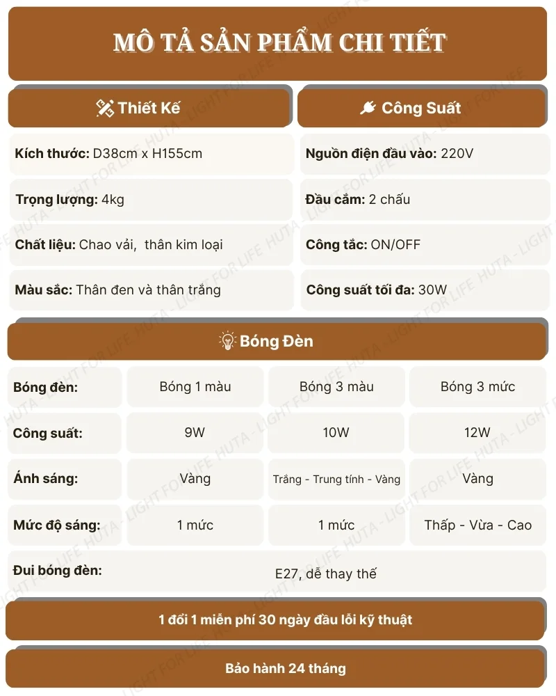 Thông số kỹ thuật chi tiết đèn cây đứng decor mã KT1